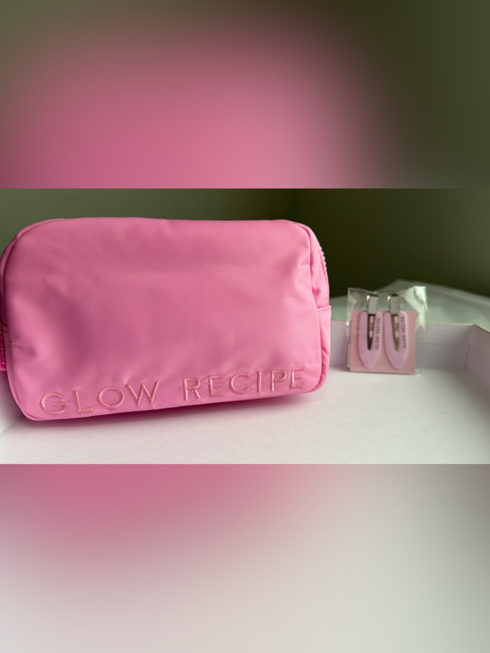 Glow Recipe Pink belt bag Cosmetic Pouch with Pink Hair Clips. Limited edition